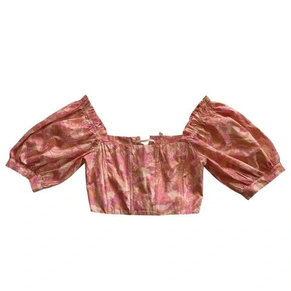 Karlie Floral Poplin Puff Sleeve Tie Back Corset Off Shoulder Crop Top Size L - Picture 3 of 11